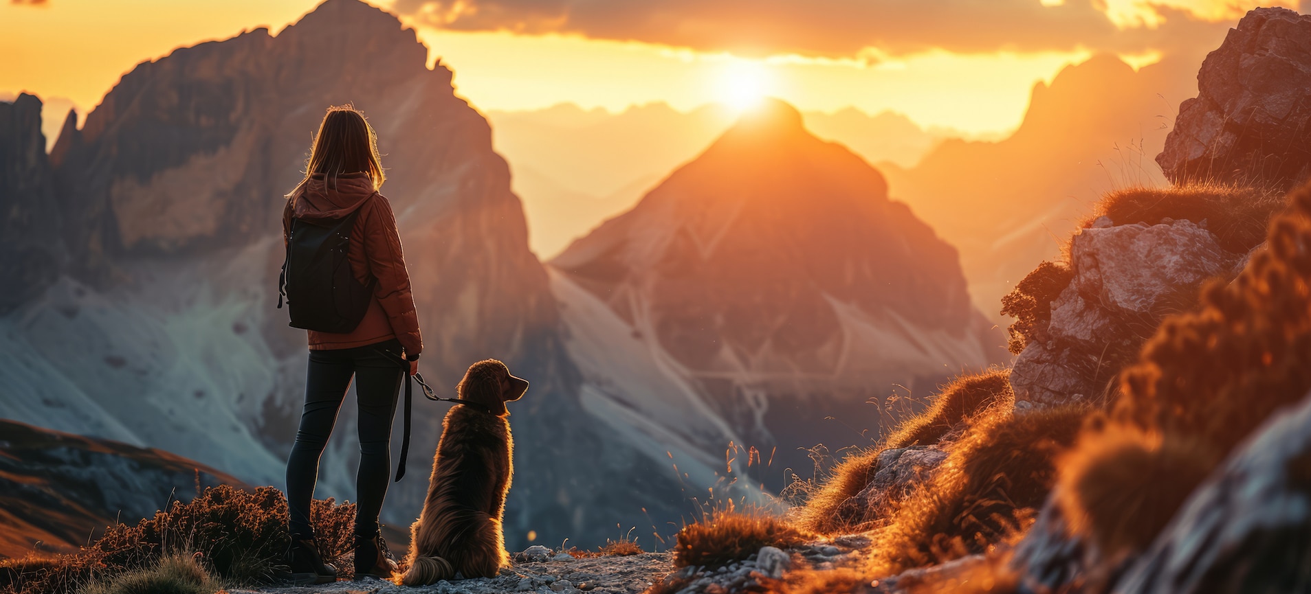 Frau steht mit ihrem Hund bei Sonnenuntergang in den Dolomiten – ein Moment von Ruhe, Weite und Verbundenheit in der Bergnatur Südtirols.