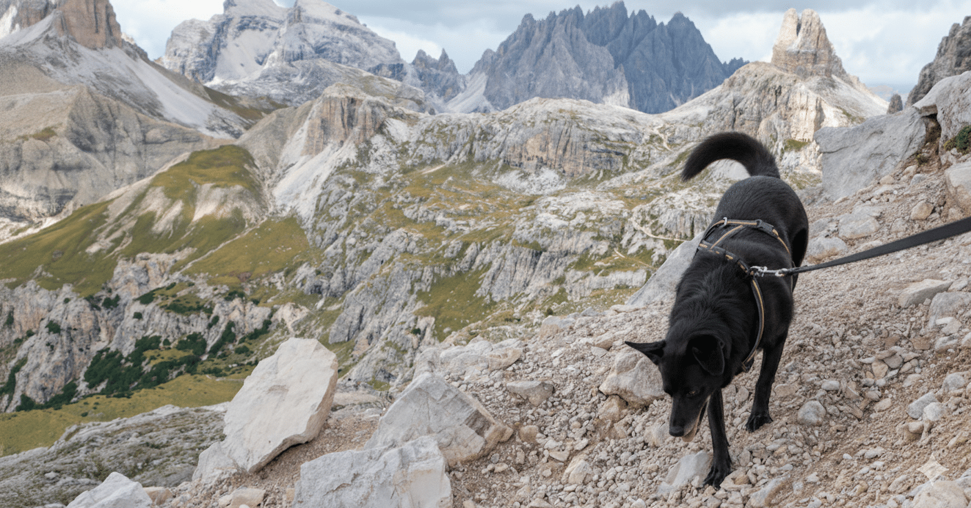 Hund wandert auf felsigem Bergpfad in den Dolomiten – beeindruckende Berglandschaft in Südtirol.