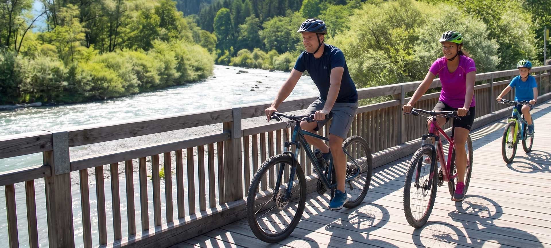 Familie fährt am Drauradweg an der Drau im Drautal